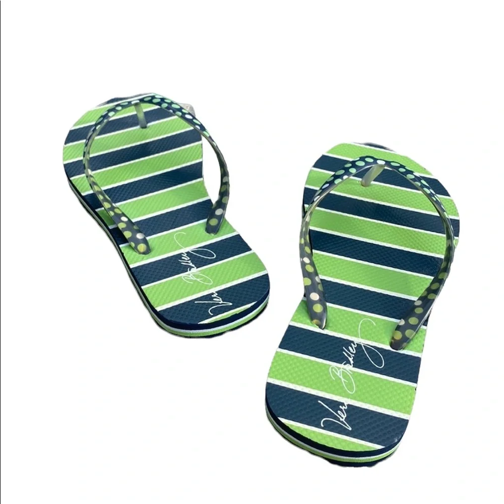 Vera Bradley Navy and Green Striped Flip Flops
